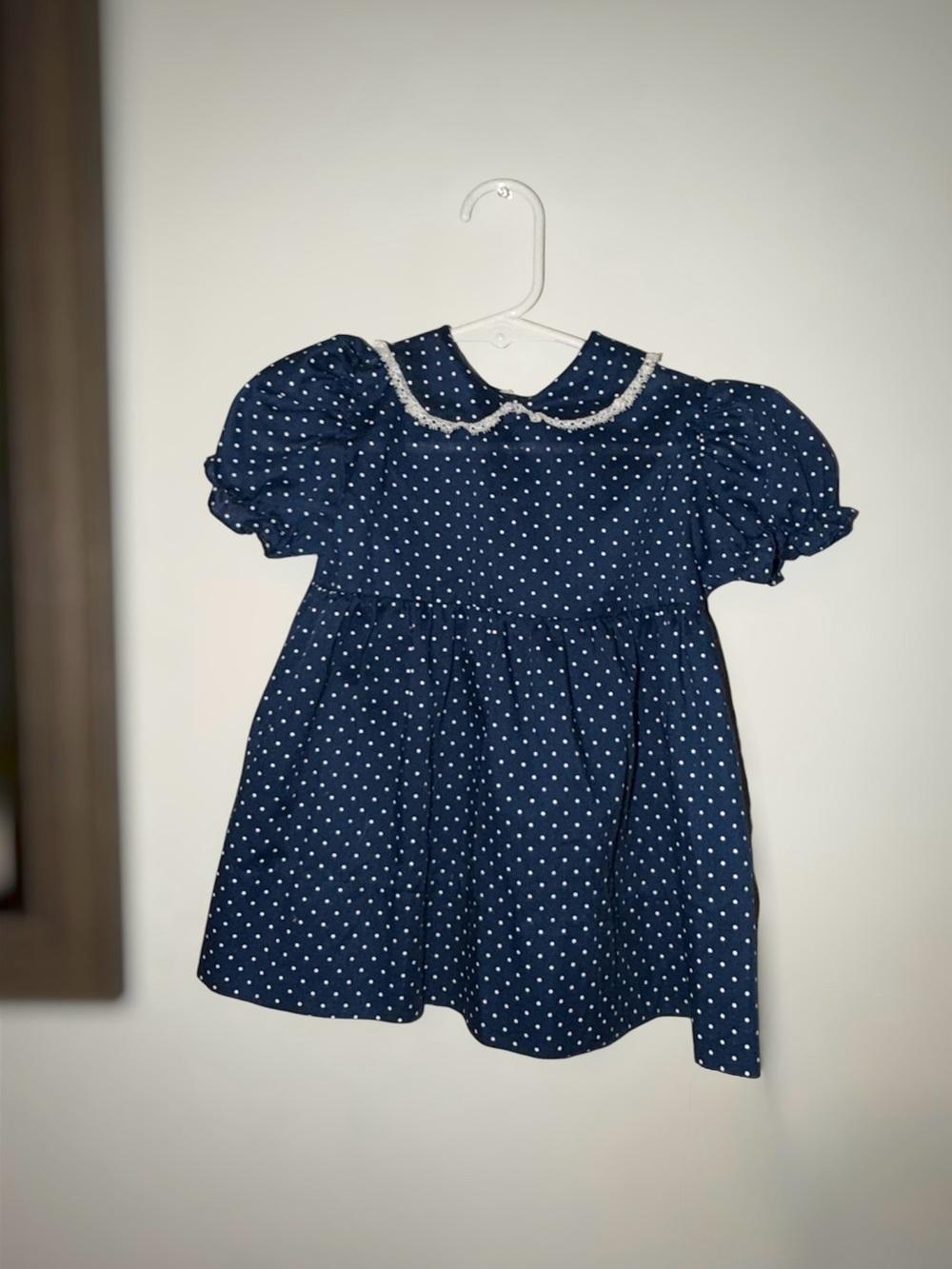 Vintage 80’s Navy Polka Dot Dress with Lace Peter Pan Collar